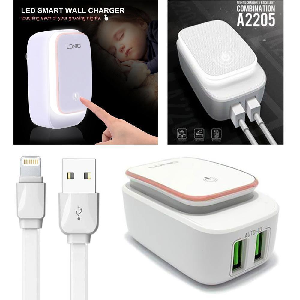2.4A 2-in-1 Universal Dual USB Port LED Power Touch Night Lamp Travel Wall  Charger Adapter W. Lightning Cable by Modes –